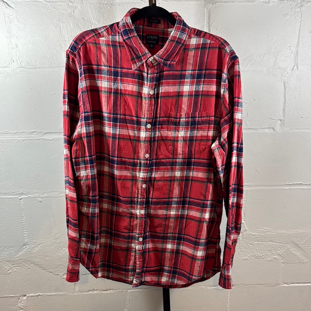 J Crew Mens Plaid Flannel Shirt Size L Red Blue Long Sleeve